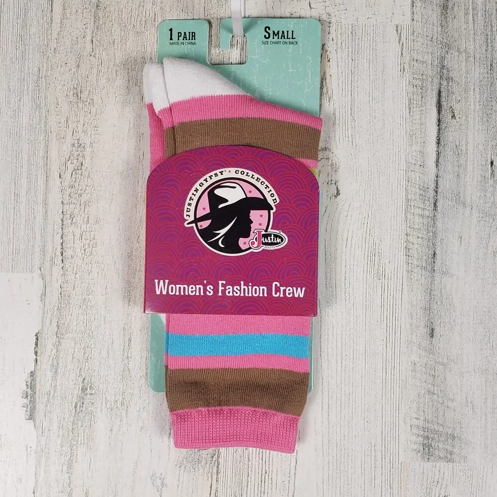 NWT Justin Boots Fashion Cushioned Sole Striped Crew Socks Women's Size Small